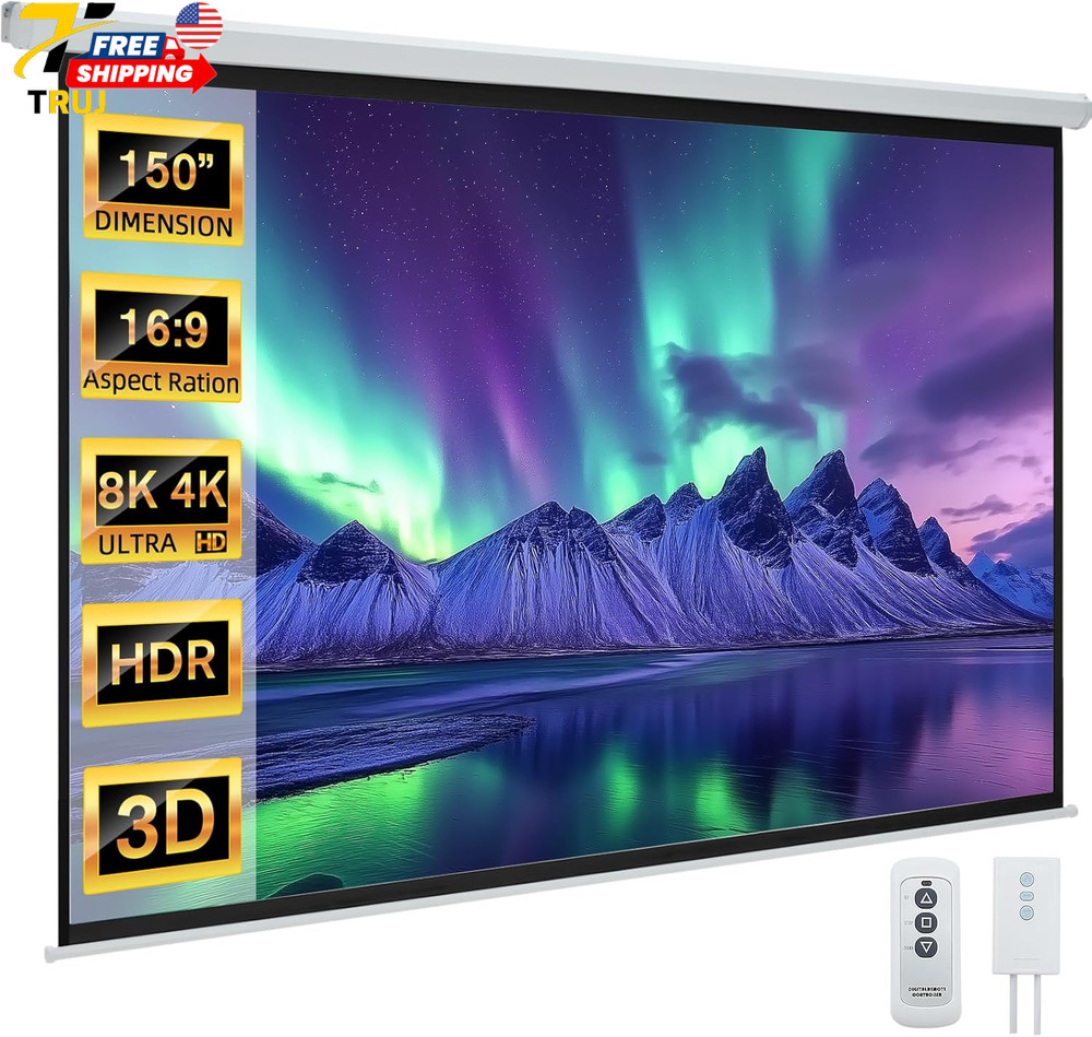 150" Projector Screen Motorized 16:9 4K HD Pull Down Retractable Projection Scre