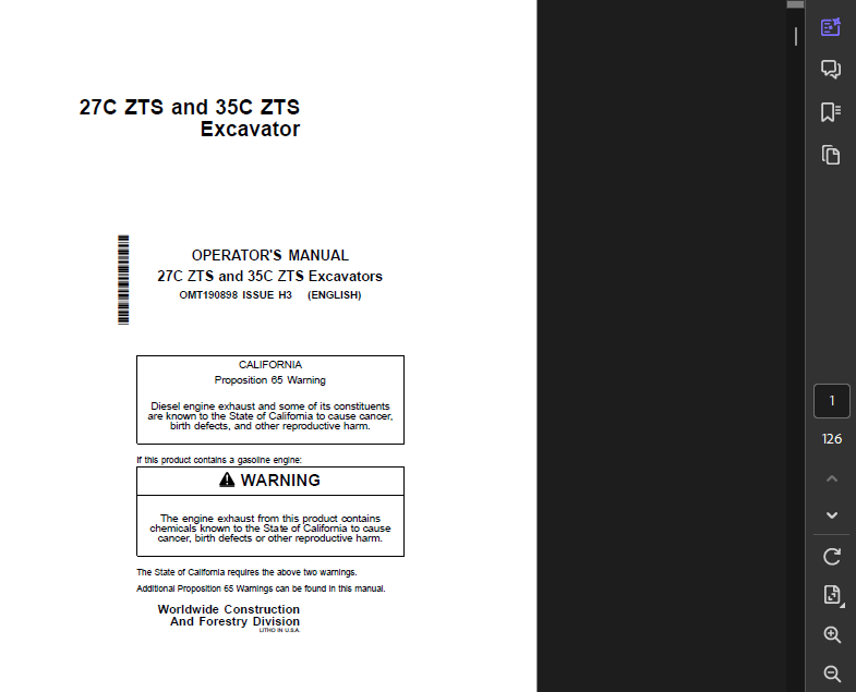 JOHN DEERE 27C ZTS EXCAVATOR OWNERS TECHNICAL OPERATION & TEST MANUAL PDF USB