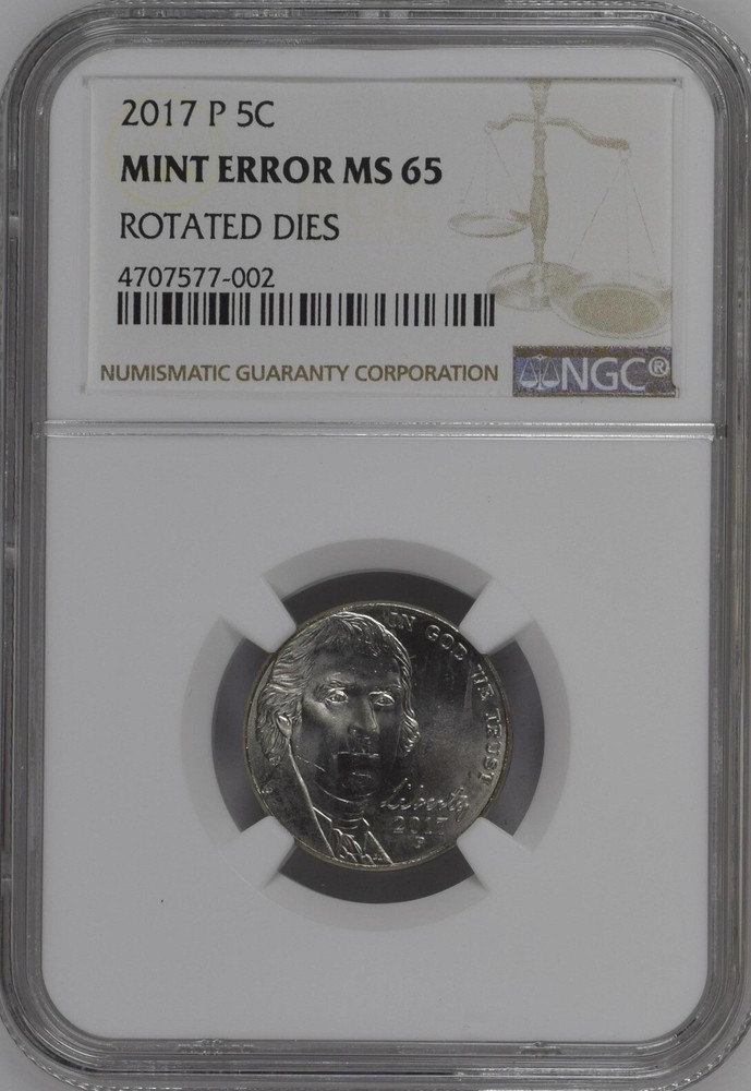 2017 P Jefferson 5¢ NGC Mint Error MS 65 Rotated Dies BX4-46
