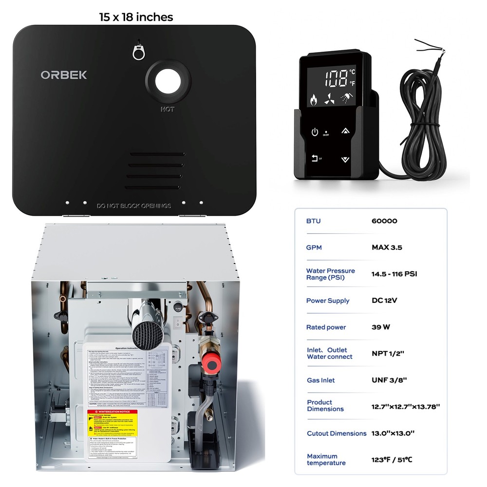 Orbek RV Tankless Water Heater Propane 60,000 BTU w/ 15x18 inch Door + Remote