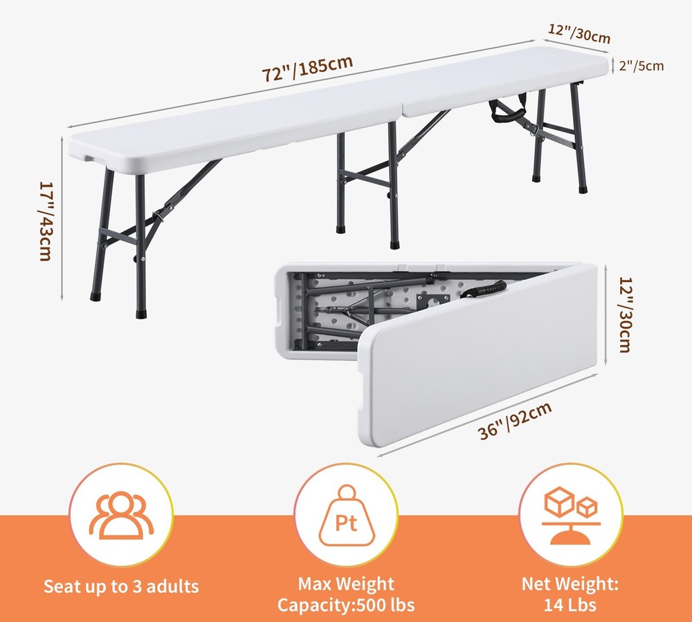 6 ft Plastic Folding Bench, Portable Foldable Bench Seating with Handle