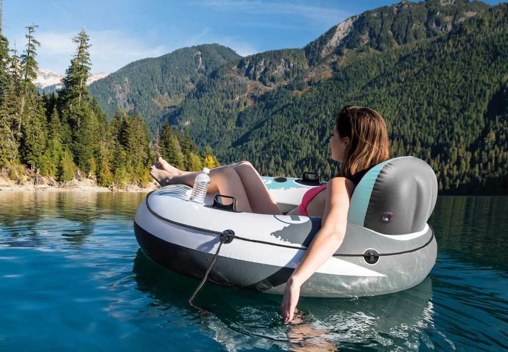 Intex River Run 1 Inflatable Floating Lounge w/Backrest, Built-in Cup Holders, G