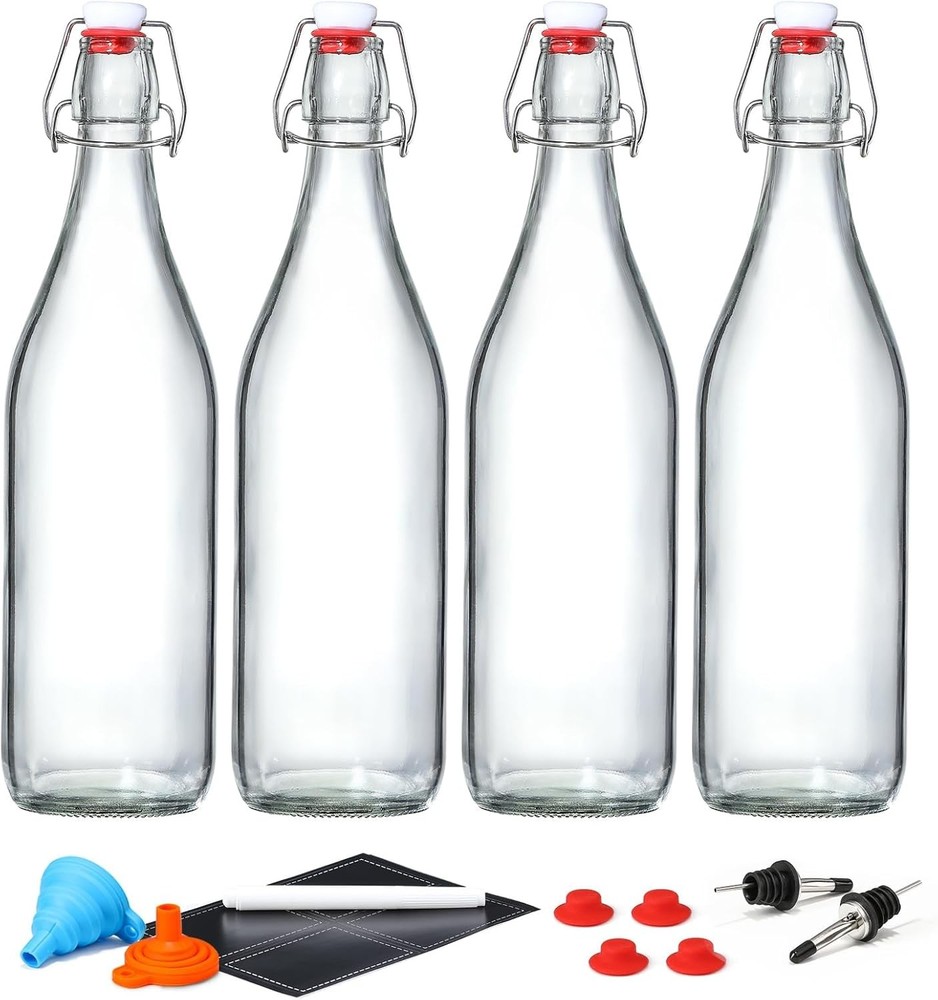 8 Pack [1 Liter / 33 Fl. Oz.] Swing Top Glass Bottles W/ Airtight Stopper Lids –