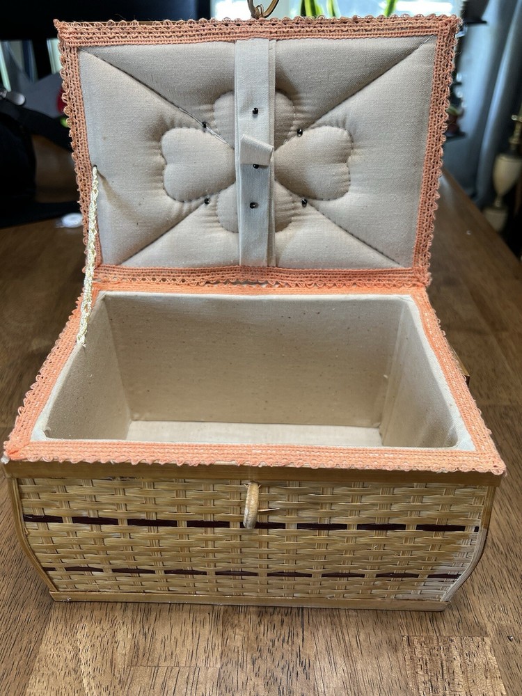Vintage Wicker Tan Sewing Basket with Handle Painted Lid Lined
