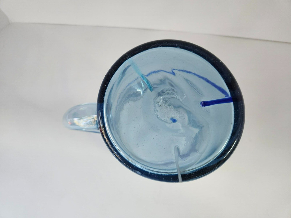 Mexico Hand Blown Glass Blue&White Swirl Pattern Pitcher
