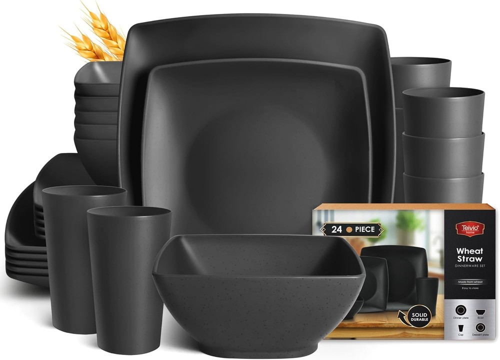 Teivio 24-piece Plastic Wheat Straw Square Dinnerware Set for 6, Unbreakable Din