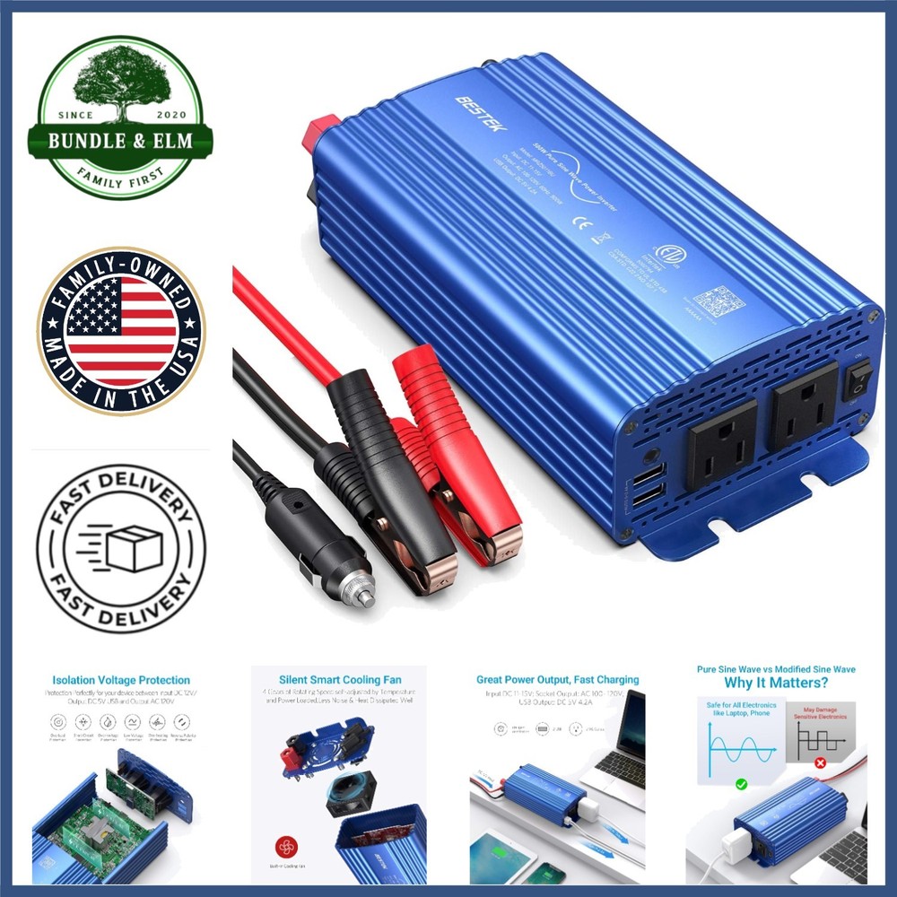 500W Pure Sine Wave Inverter DC 12V to 110V AC for Vehicle with Dual USB Ports