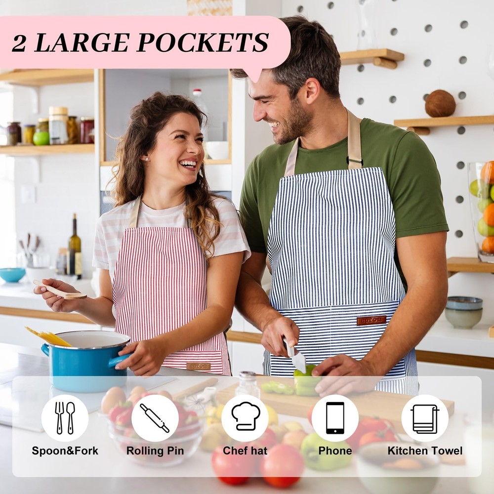 2Pack Adjustable Kitchen Apron for Women Men with 2 Pockets，Cotton-Polyes