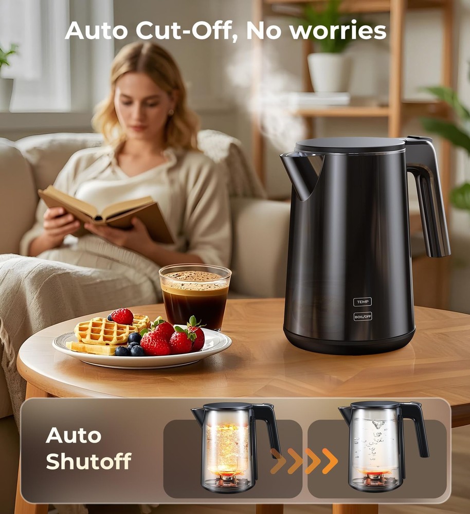 Electric Kettle 1.0L 1200W 7 Temp Settings 4H Keep-Warm Fast-Boil Stainless S...