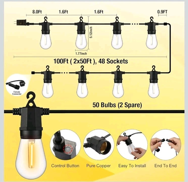 Outdoor String Lights Waterproof with Shatterproof Bulbs - 100 Ft