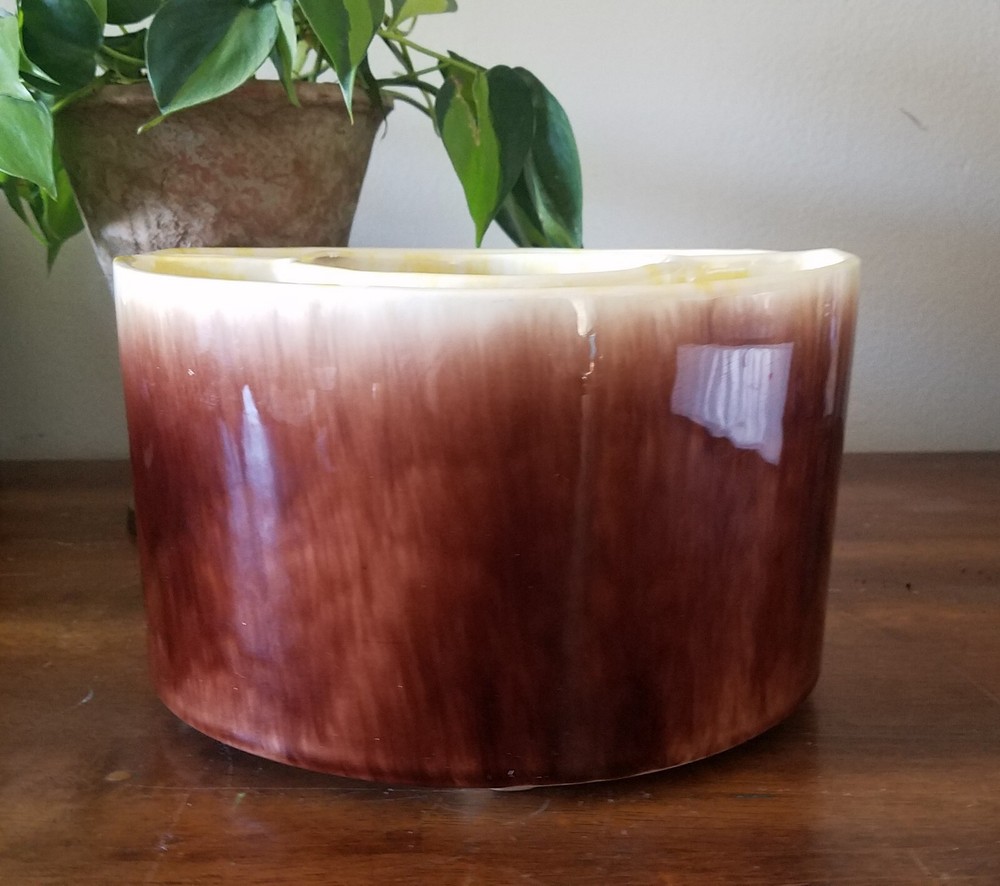 Mid Century Modern Two-Piece Brown & Yellow Ceramic Planter Half Rounds MCM