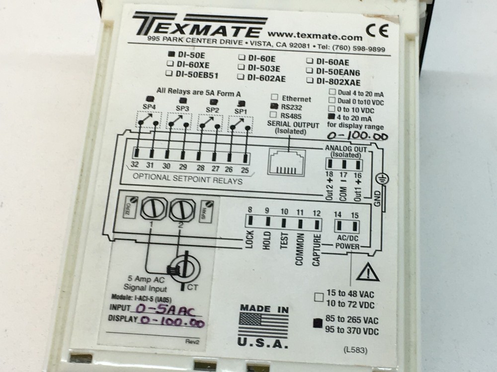 Texmate DI-50E Digital Panel Meter 0-5AAC, 0-100.00 Display