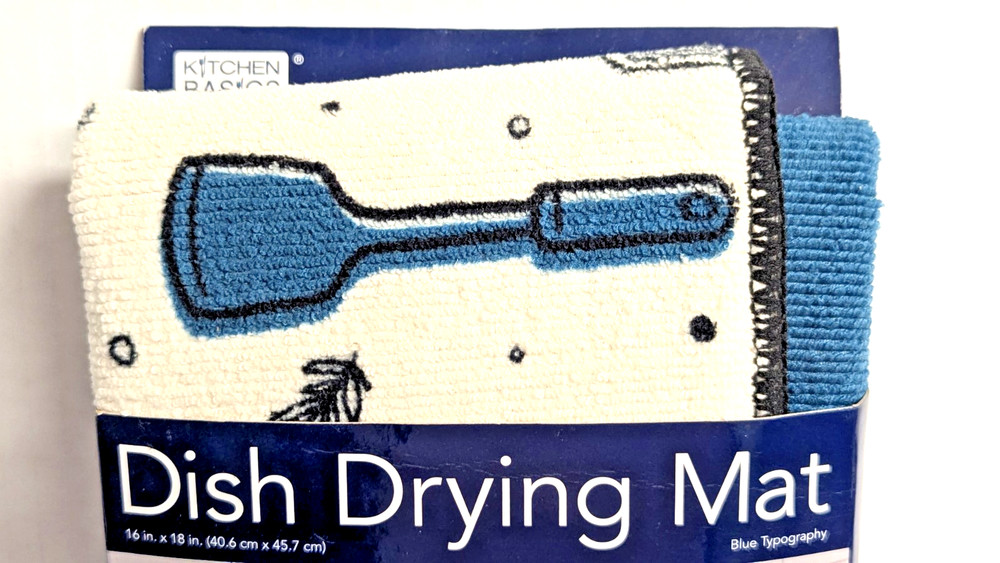 Kitchen Basics Teal Blue Typography Dish Drying Mat Utensils Print Reversible