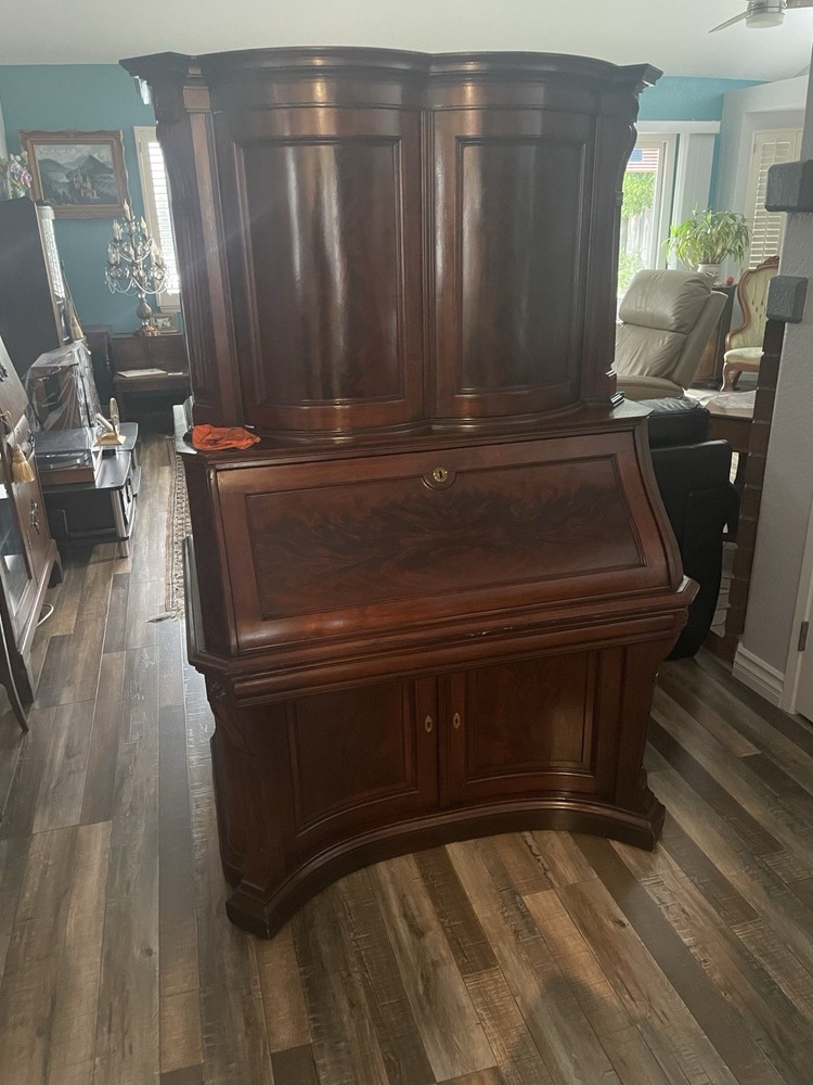 FLAME MAHOGANY DROP FRONT MECHANICAL DESK, ATTR. HERTER