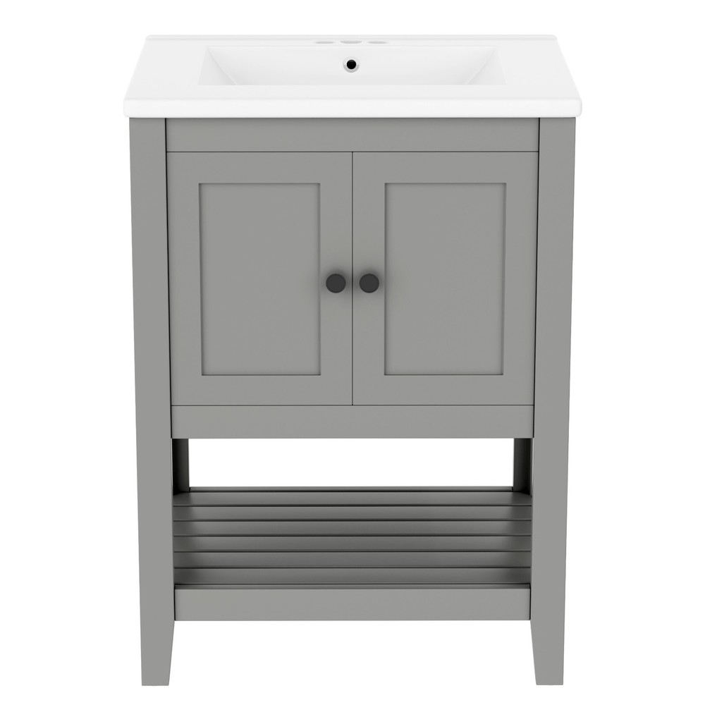 24" Modern Bathroom Vanity - Solid Wood Frame, Semilune Ceramic Sink, Open Shelf