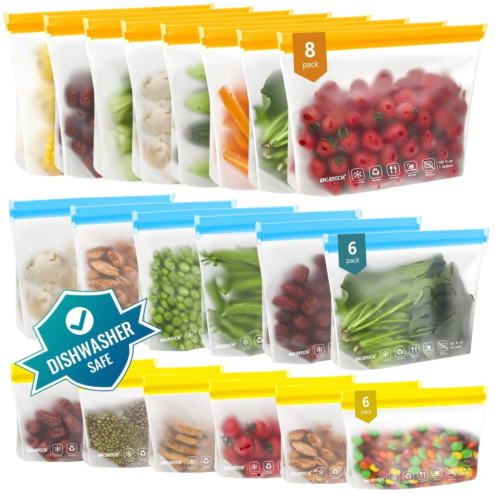 IDEATECH 20Pack Reusable Bags 20Pack-8Gallon+6Quart+6Snack, Multicolor