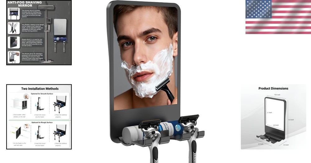 Fogless Shower Mirror for Shaving with Storage Adjustable Angle Wall Mount Black