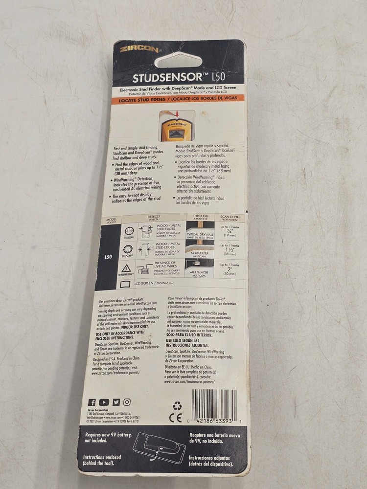 Zircon L50 Edge Finding StudSensor Deep Scanning Stud Finder-NEW