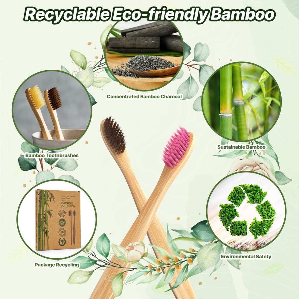 10 Pack Bamboo Toothbrushes | Biodegradable & Compostable EcoFriendly Natural...