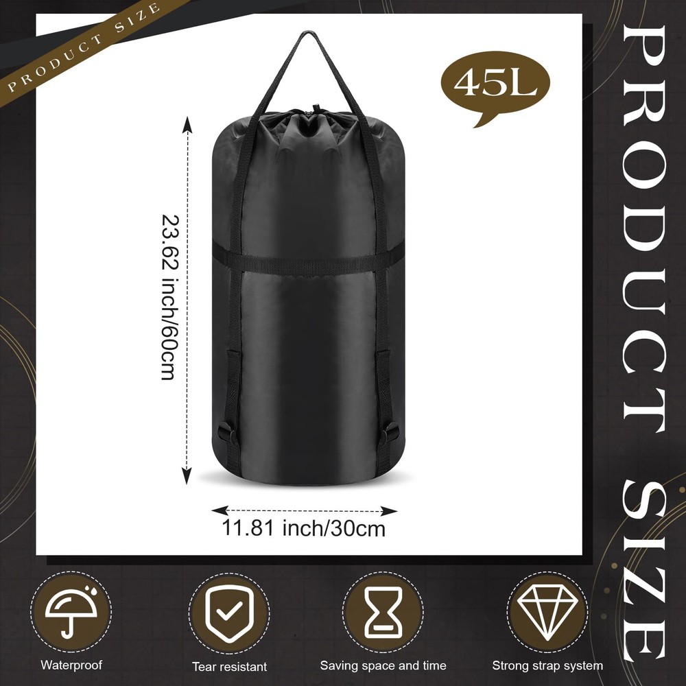 Compression Stuff Sack 45L Waterproof Sleeping Bag Clothes Storage Hiking, BLACK