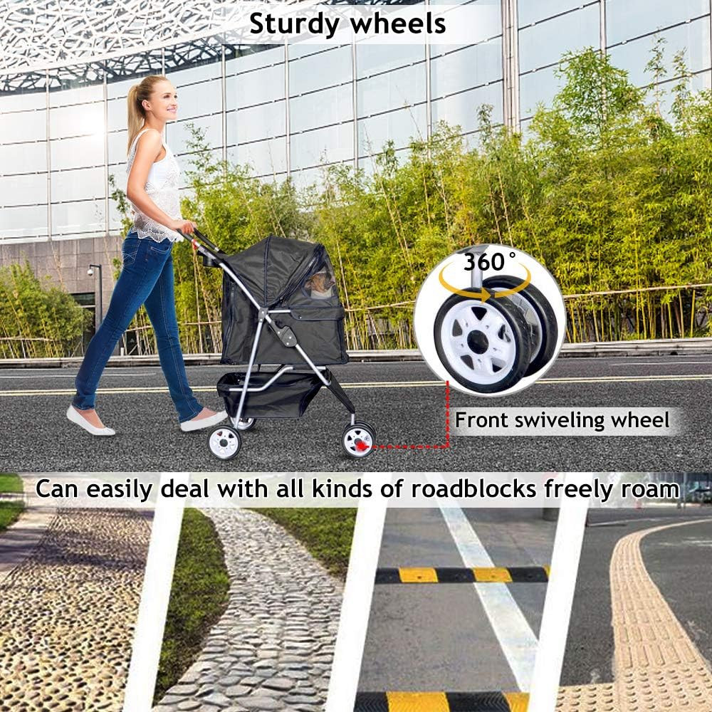 3-Wheel Pet Stroller, Lightweight Foldable Dog Stroller for Small Medium Dogs &