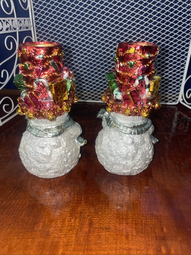 Pair Sparkling Snowmen Candle Holders