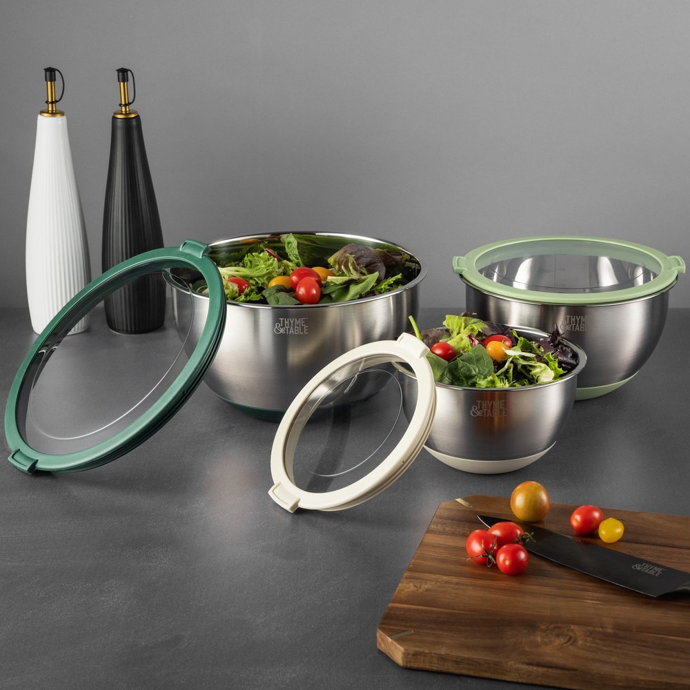 Thyme & Table Mixing Bowl Set - 6pc Nesting, Blue, Lids