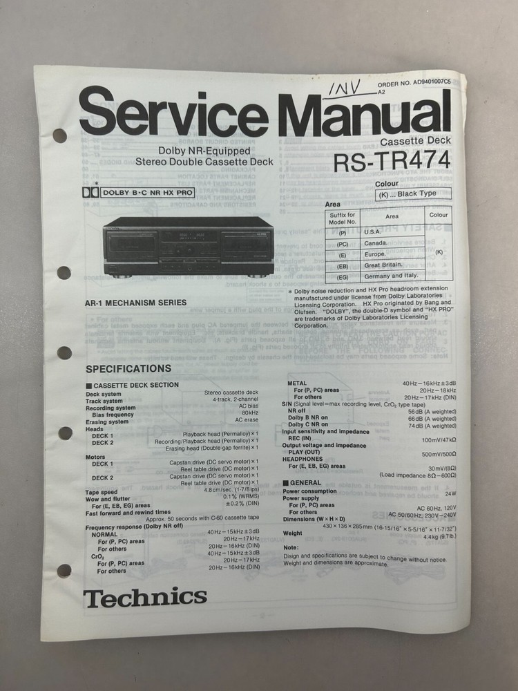 Technics RS-TR474 Original Service Manual Free Shipping