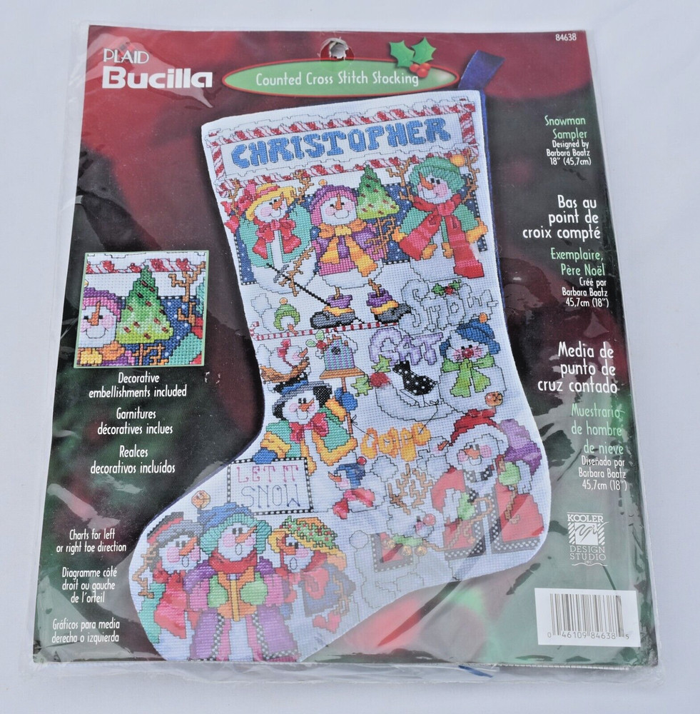 Bucilla Plaid - Counted Cross Stitch Stocking - SNOWMAN SAMPLER - 84638