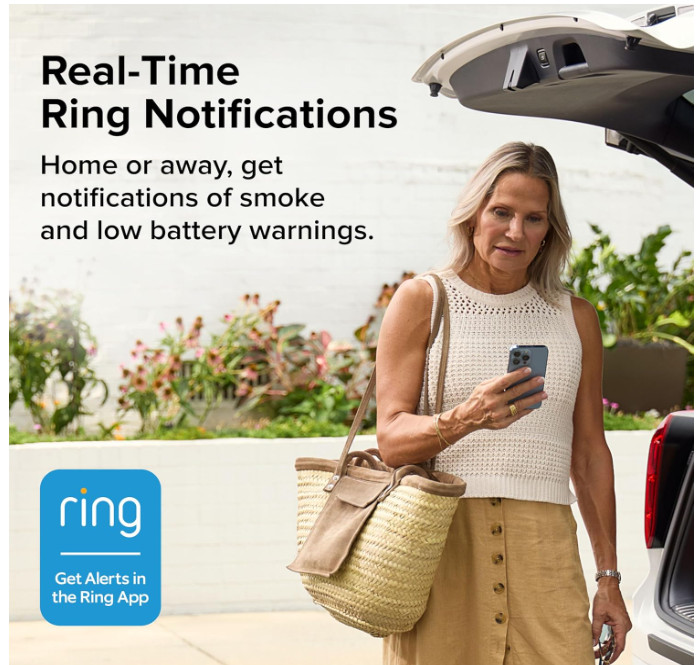 Smart Smoke Detector, Ring App Alerts, Hardwired, AA Backup Battery