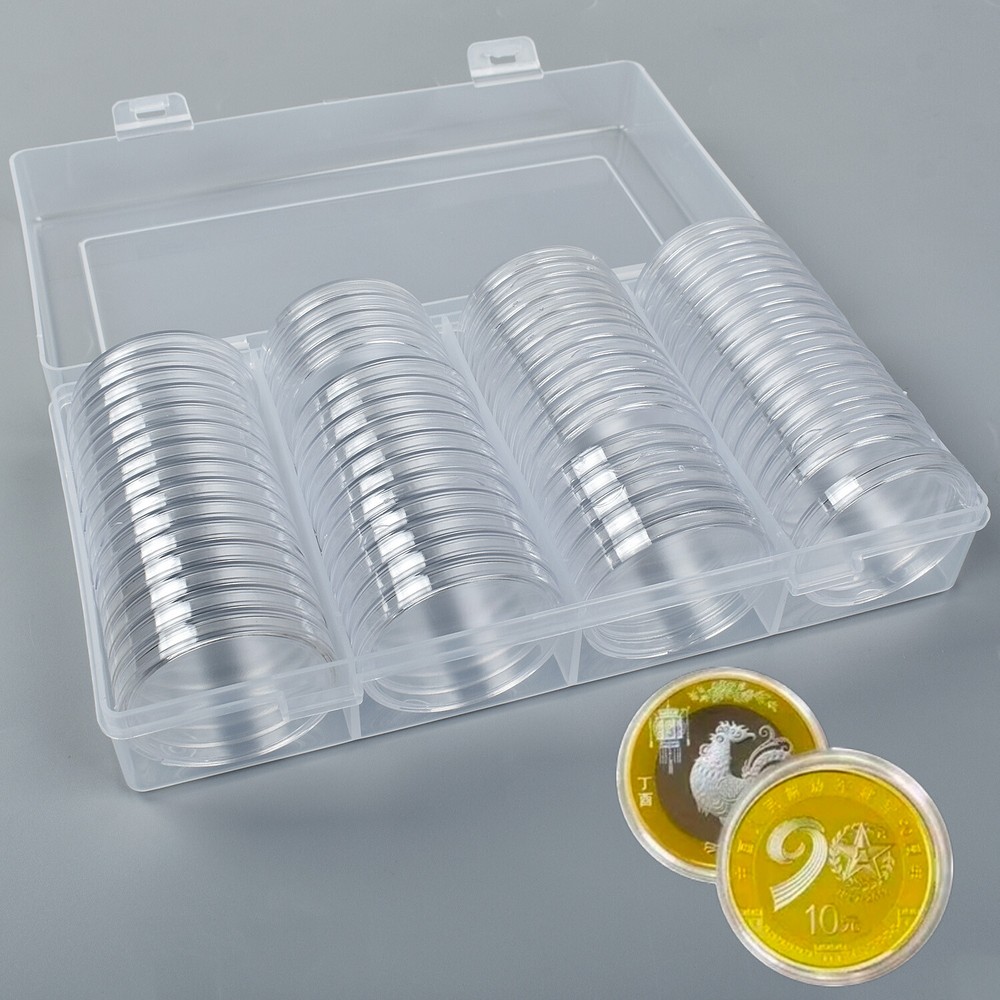 60Pcs 40mm Clear Round Plastic Coin Capsules with Plastic Storage Box Case