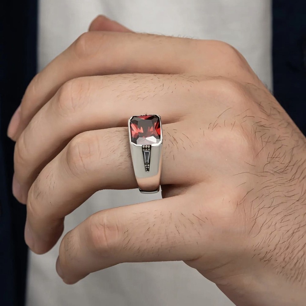 Solid Real Sterling Silver Garnet Stone Men's Ring All Size #TR183