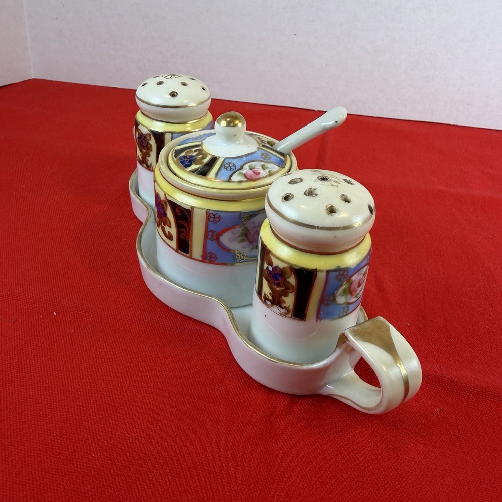 Noritake Lusterware Hand Painted Condiment Set Salt Pepper Jar Spoon Plate 6 Pc