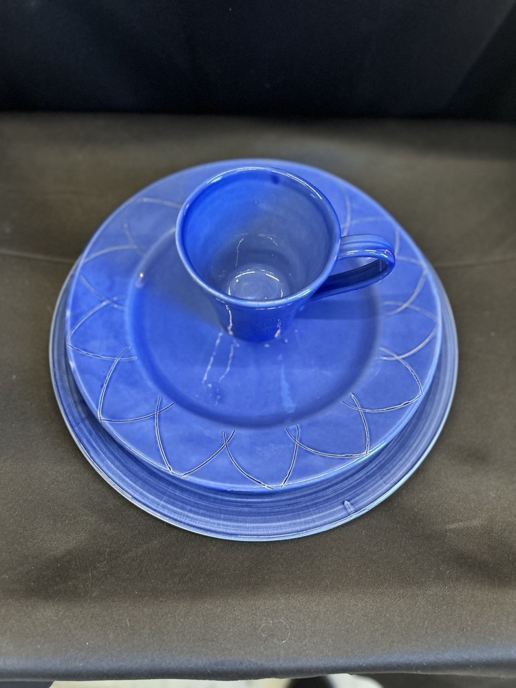 PRESENT TENSE  INDIGO BLUE Cup, Dinner Plate And Charger, Etchings