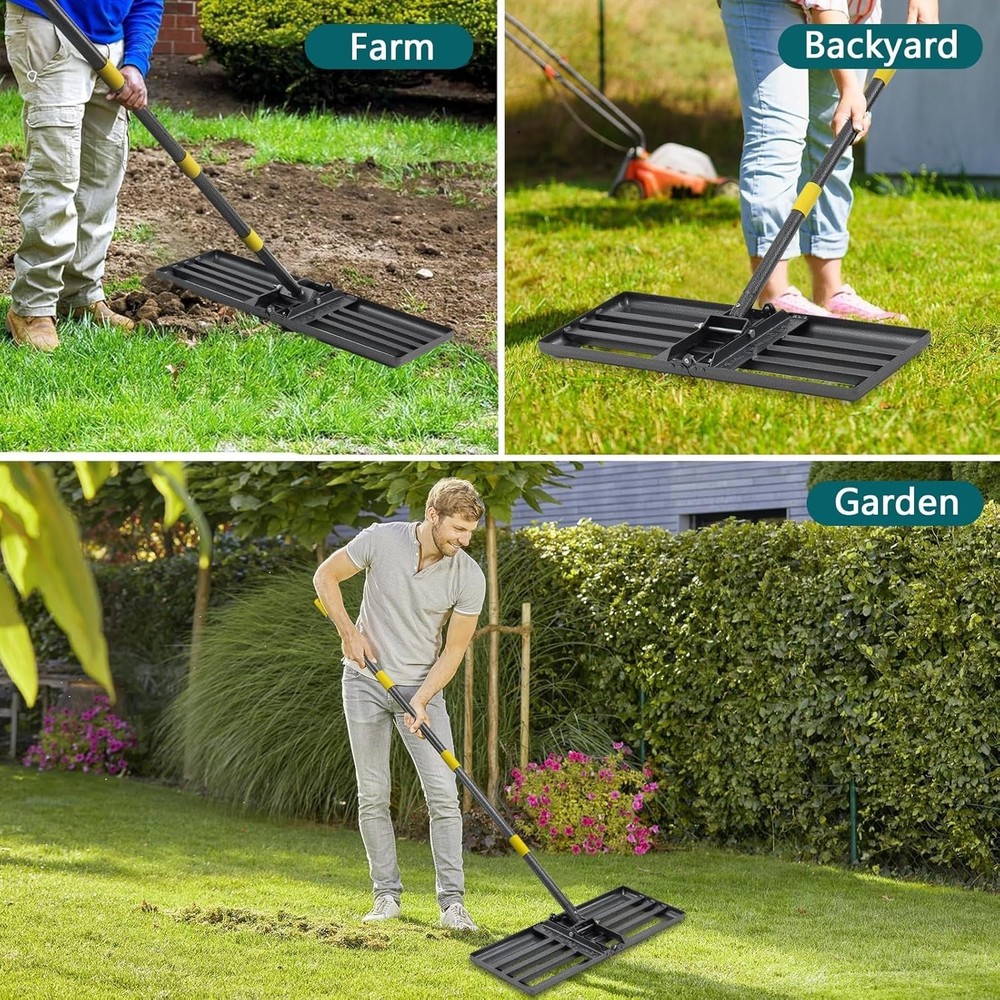 Heavy-Duty Lawn Leveling Rake - 26"x25" Peat Moss Tool w/ 6FT Adjustable Handle