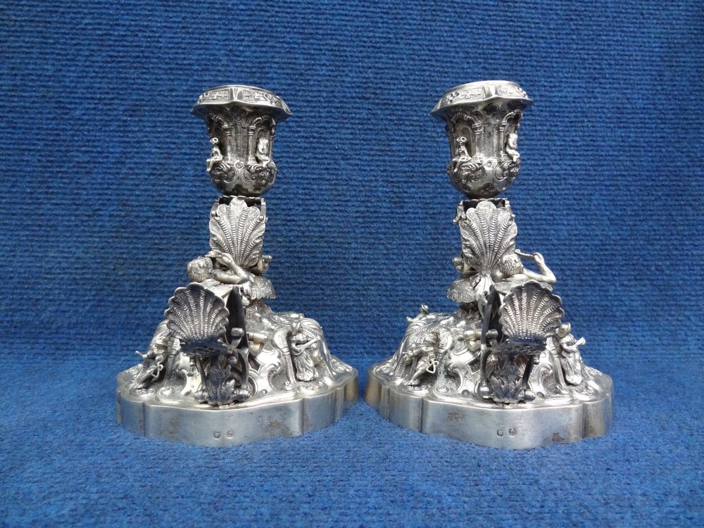 Silver candlesticks (walking) Medieval style 19-20th C. C-scroll Pan with flute