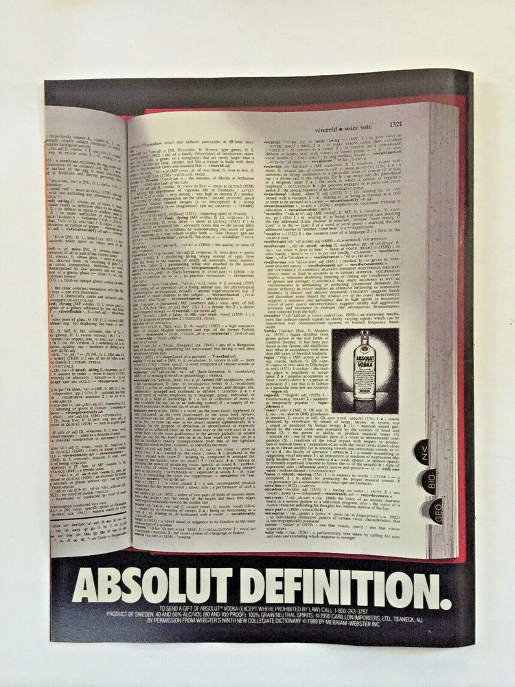 Absolut Definition Print Ad Dictionary 8" x 11"