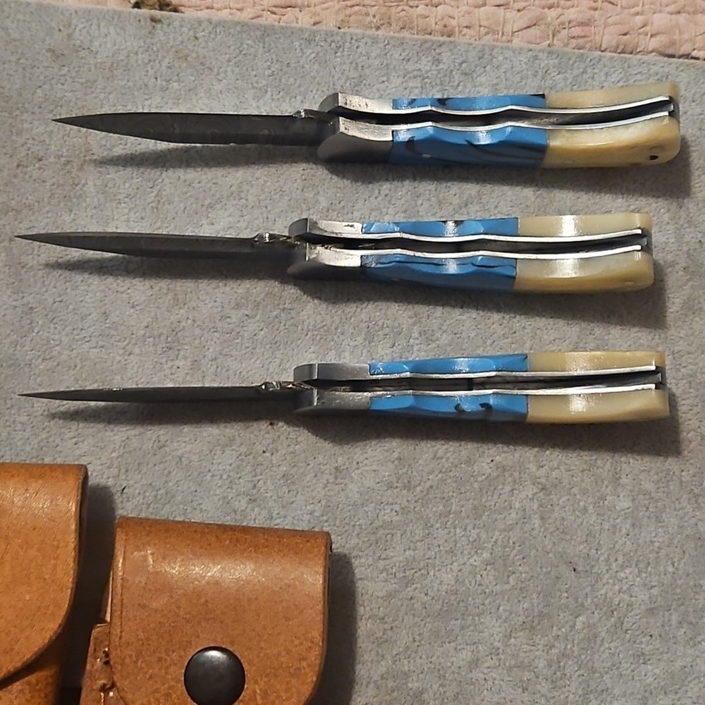 3 Damascus Folding Pocketknives Blue Bone Handle