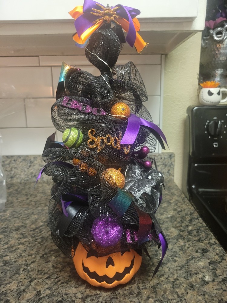 Jack O Lantern Halloween Tree Led Light Black Orange Deco Mesh