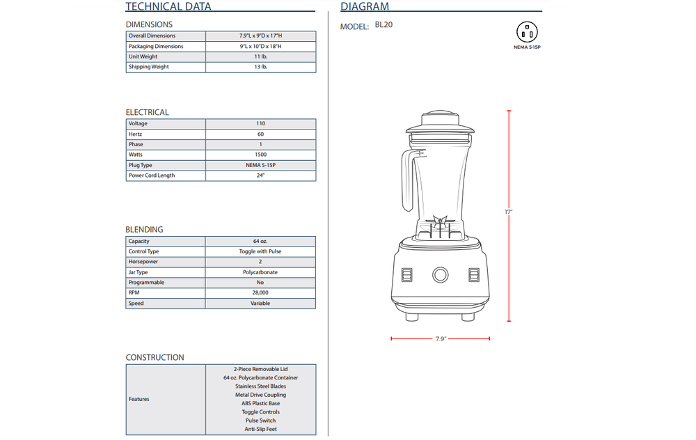 Prepline BL20, 2HP Commercial Blender with 64oz Container - 110V