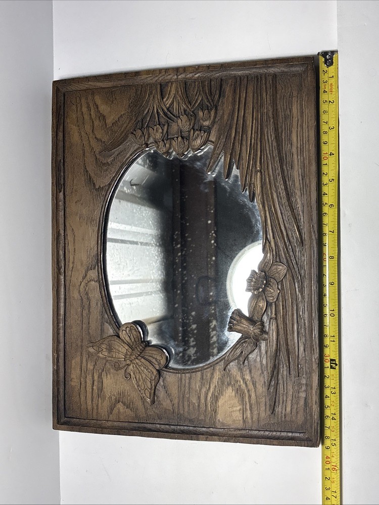 Vtg Whimsical Forest Butterfly Carved Wood Rectangular Mirror Einar Johansen