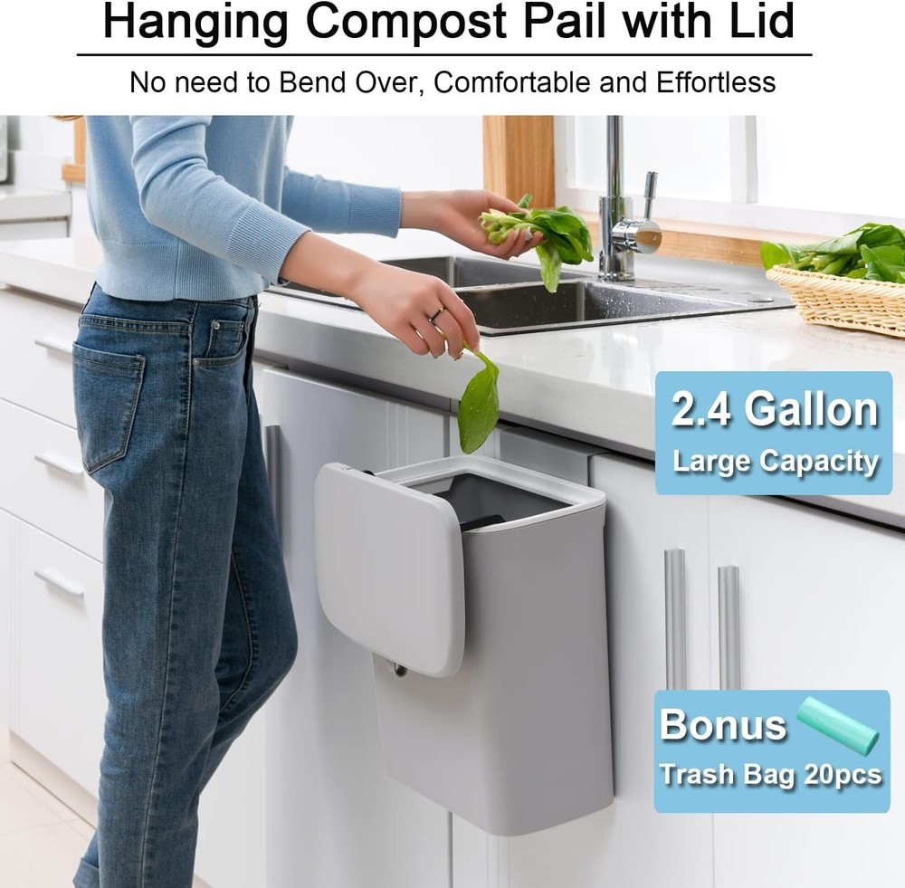 Stylish 2.4 Gallon Kitchen Compost Bin - Wall-Mountable & Durable Gray Design