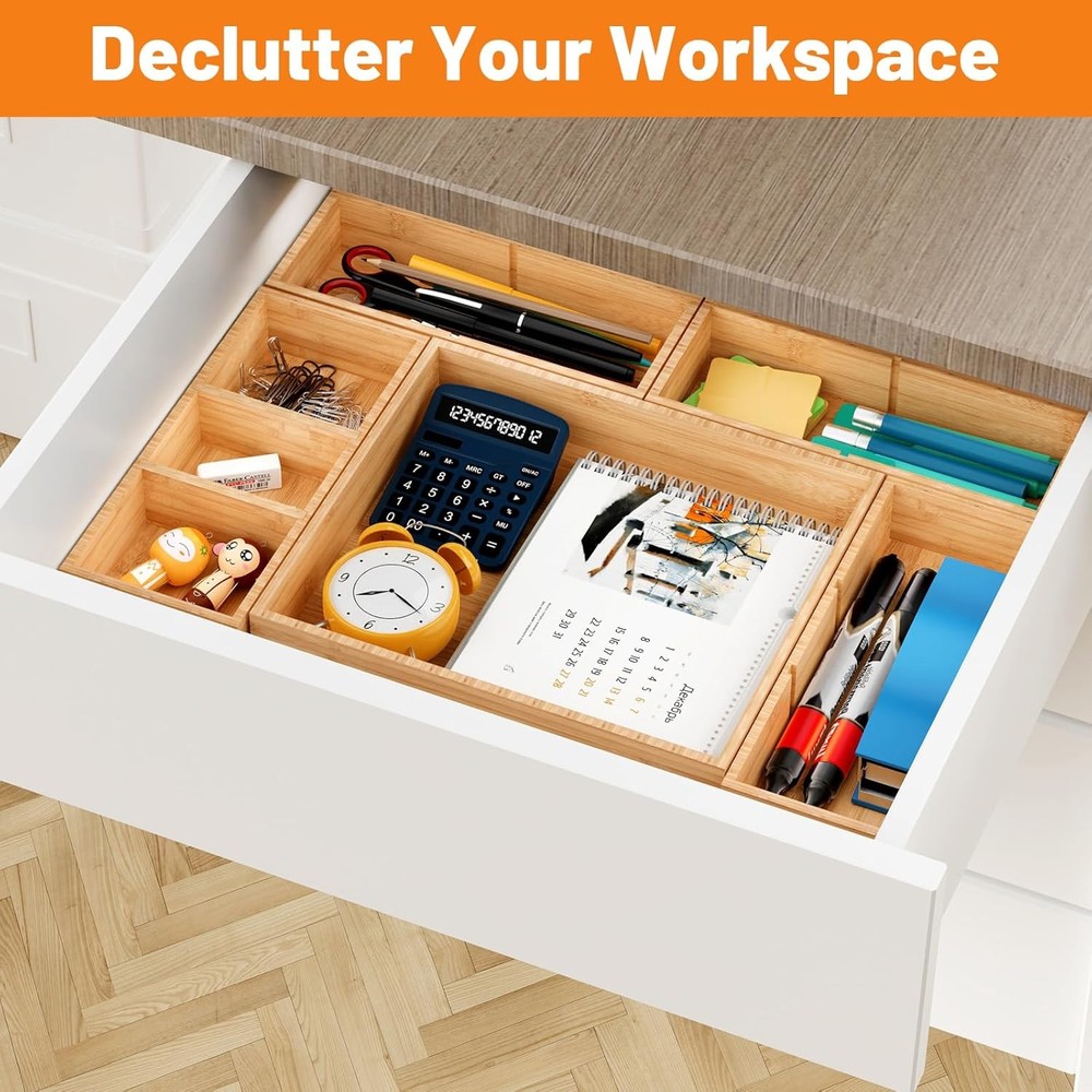 SpaceWhisper 5-Piece Bamboo Drawer Organizer, Stackable Storage for Kitchen,