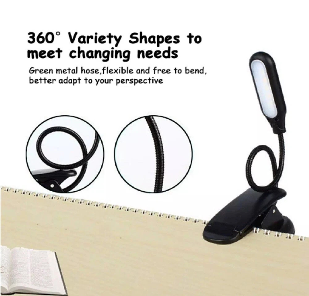 Clip On LED Reading Light Battery Powered Flexible Lamp for Book Laptop eReader