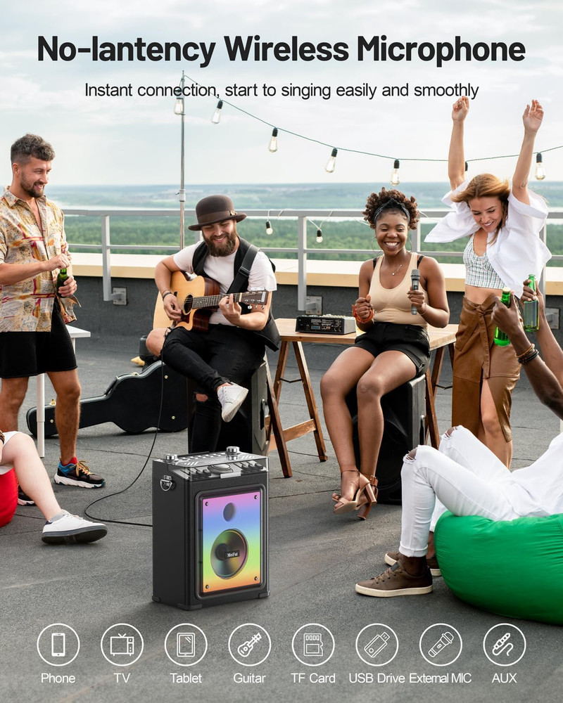 Karaoke Machine, Powerful Bluetooth Speaker with Two Wireless Microphones, Porta