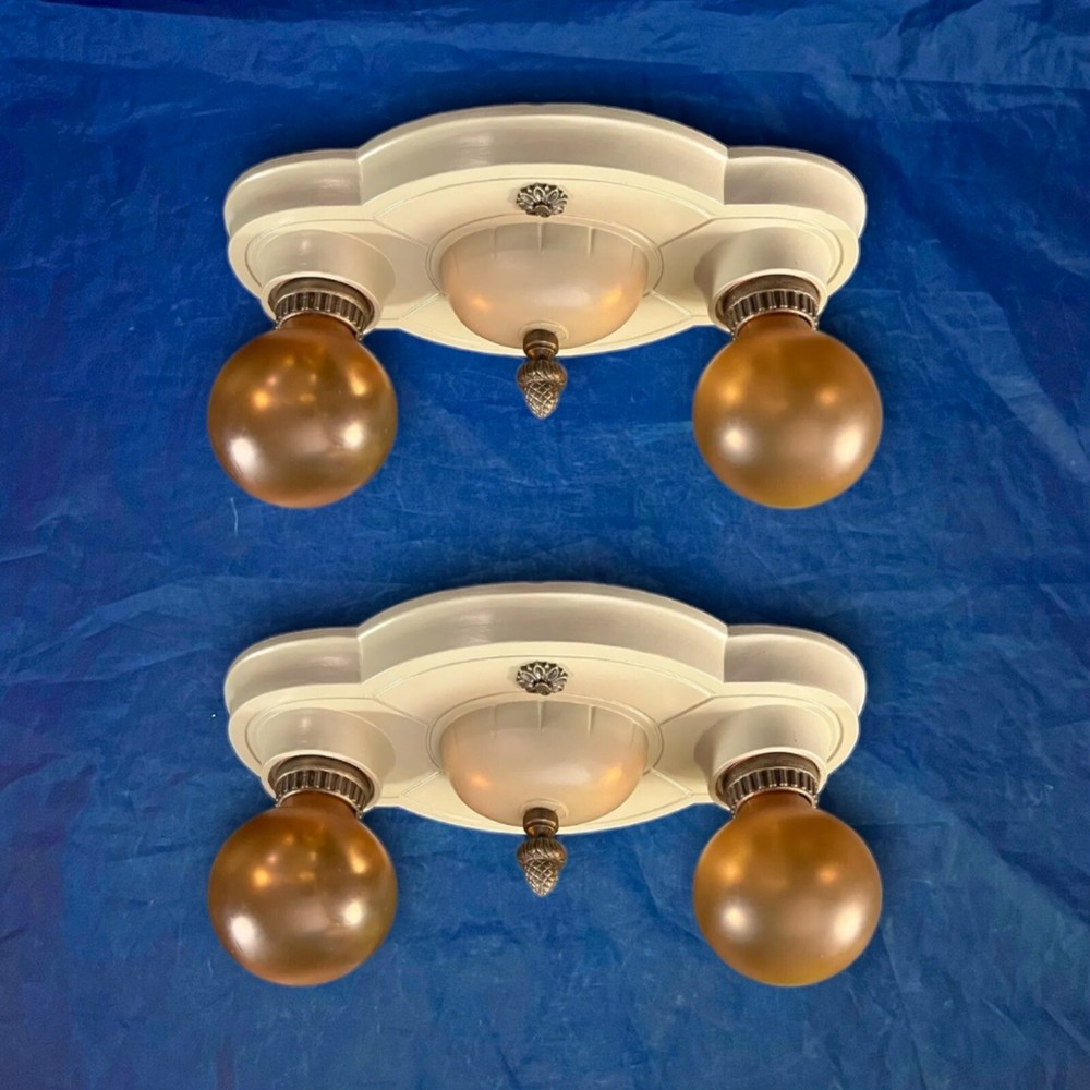Pair Polychrome Rewired double bulb flush mount ceiling fixtures KB400
