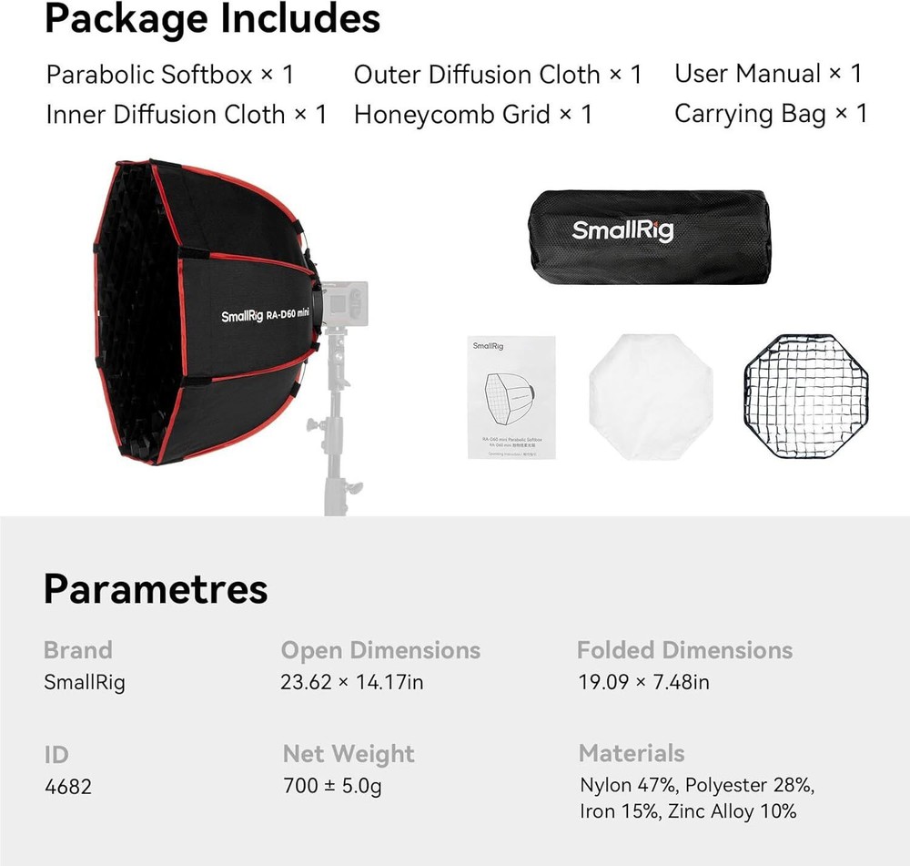 SmallRig RA-D60 Parabolic Softbox, 23.6" Quick Release Softbox with Carrying Bag