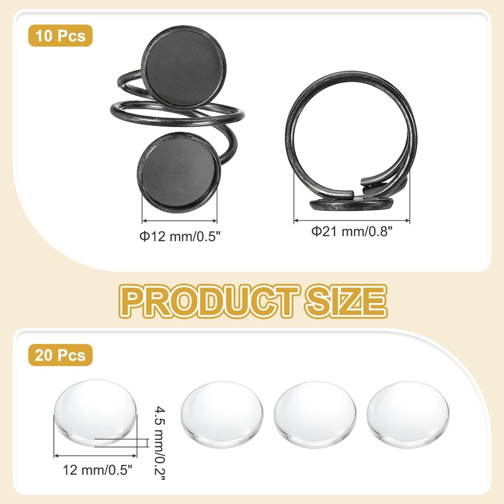 10Pcs Metal Ring Base Blank, 12mm Ring Blank Base with 20Pcs Cabochon(Silver)