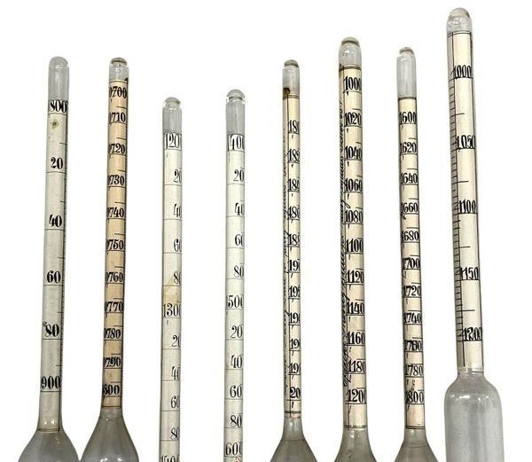 A.H Thomas Specific Gravity Scale Glass Hydrometer Scientific Thermometers set 8