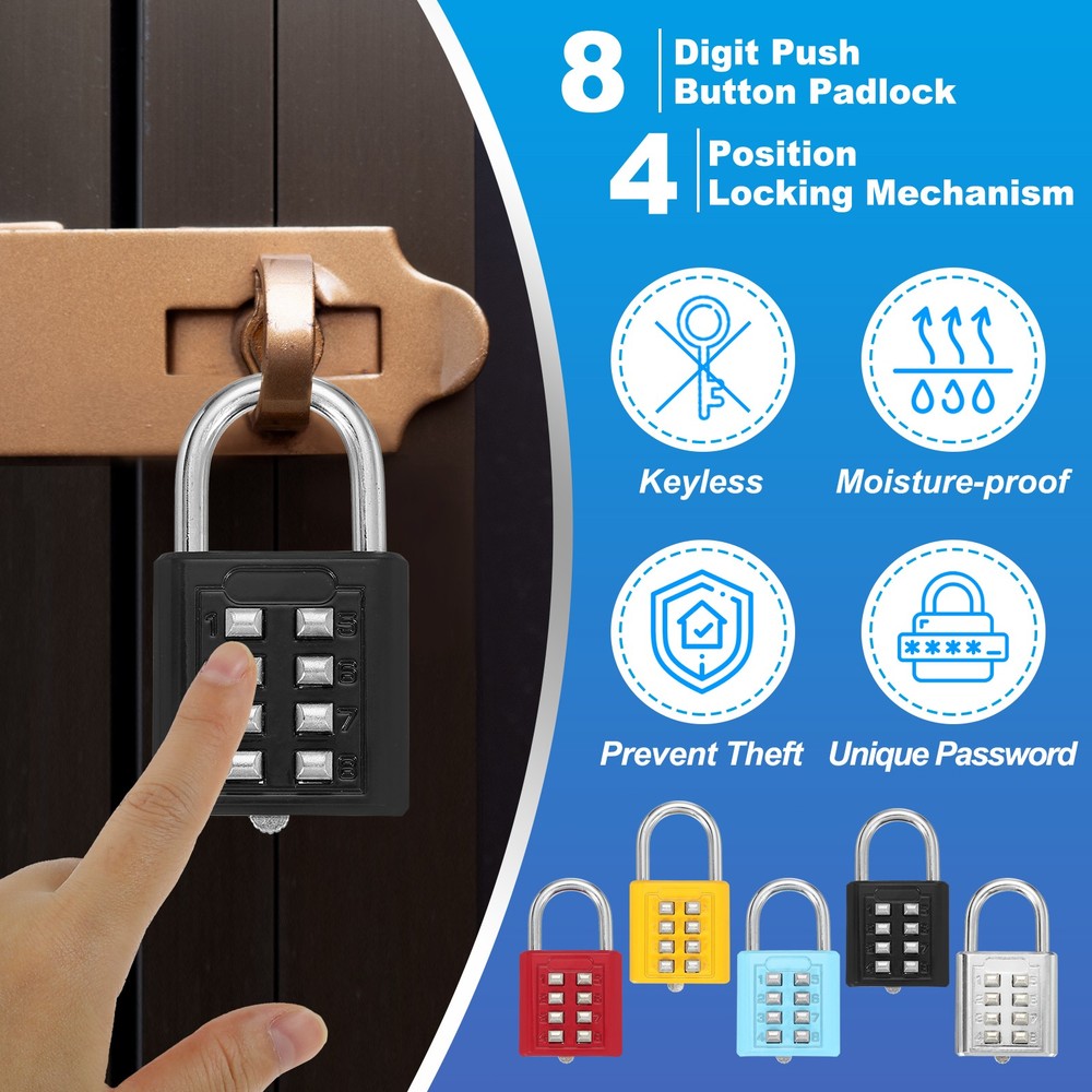 2Pcs Push Button Combination Padlock 8-Digit 4-Position Lock Black